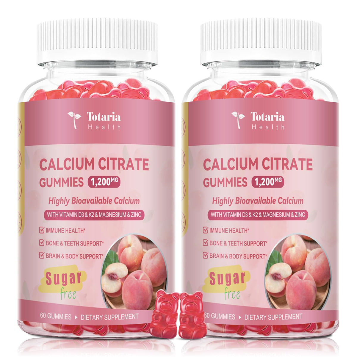 Totaria calcium citrate gummies bottle with peach flavor supporting bone and teeth health