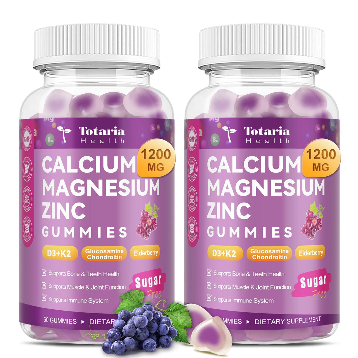 Totaria calcium gummies bottle showing 1200 mg of bone support.