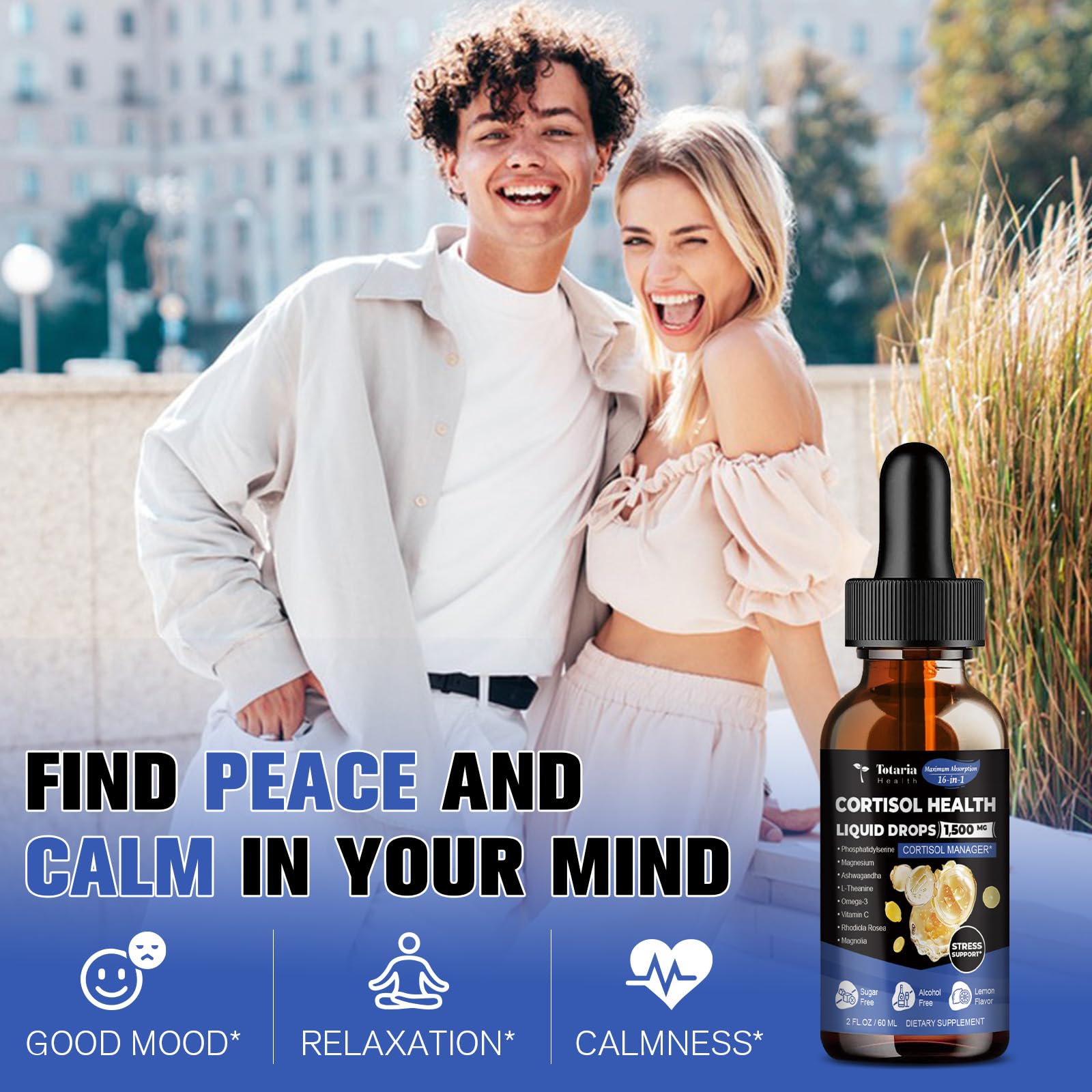 Totaria cortisol drops packaging on counter showing vegan-friendly, gluten-free formula.