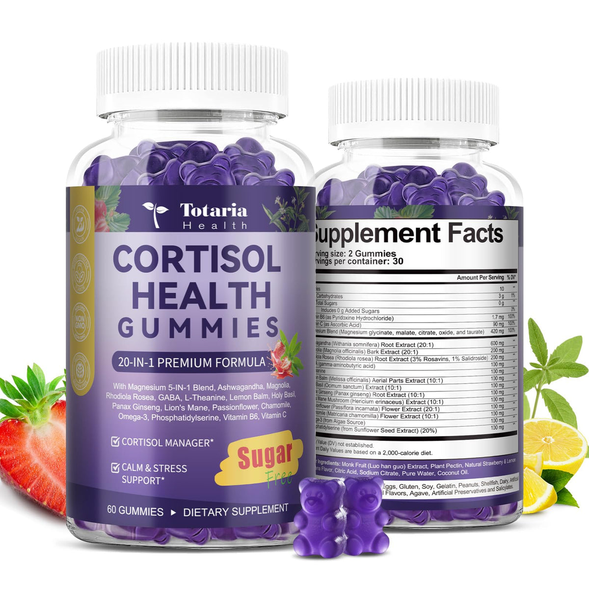 Totaria Cortisol Gummies bottle closeup for stress support and balanced mood.