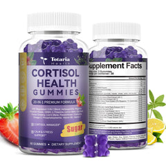 Totaria Cortisol Gummies bottle closeup for stress support and balanced mood.