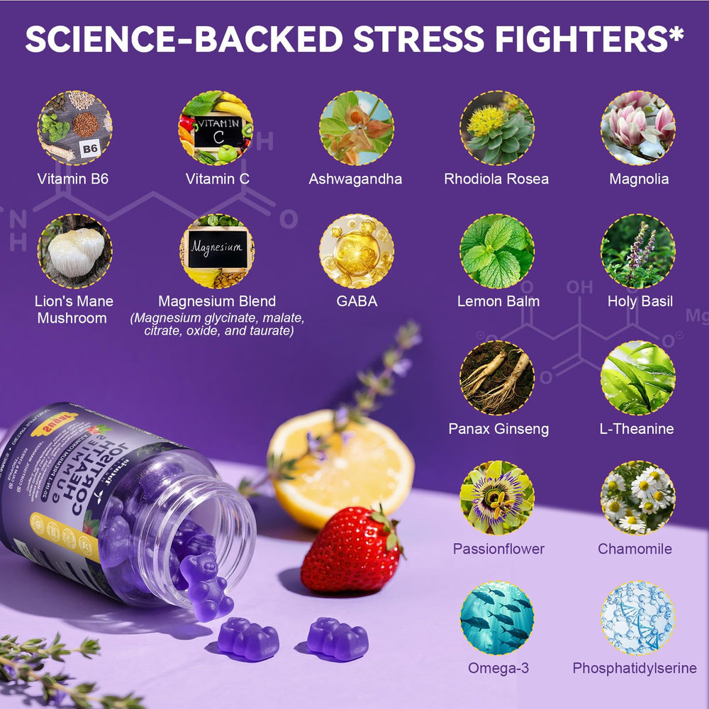 Totaria Cortisol Gummies label scan highlighting 20-in-1 formula for calm focus.