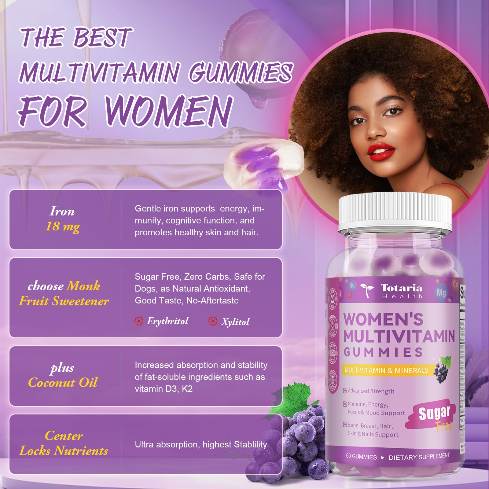 Totaria ingredient list highlights B-vitamins and antioxidants for daily vitality.