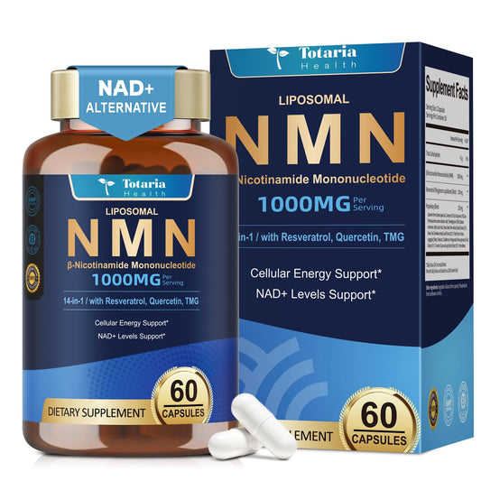 Totaria Liposomal NMN bottle on wood desk for convenient NAD+ support through daily capsules.