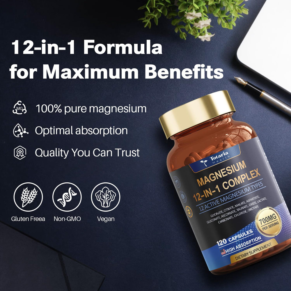 Totaria Magnesium Complex bottle on desk in daily routine setting
