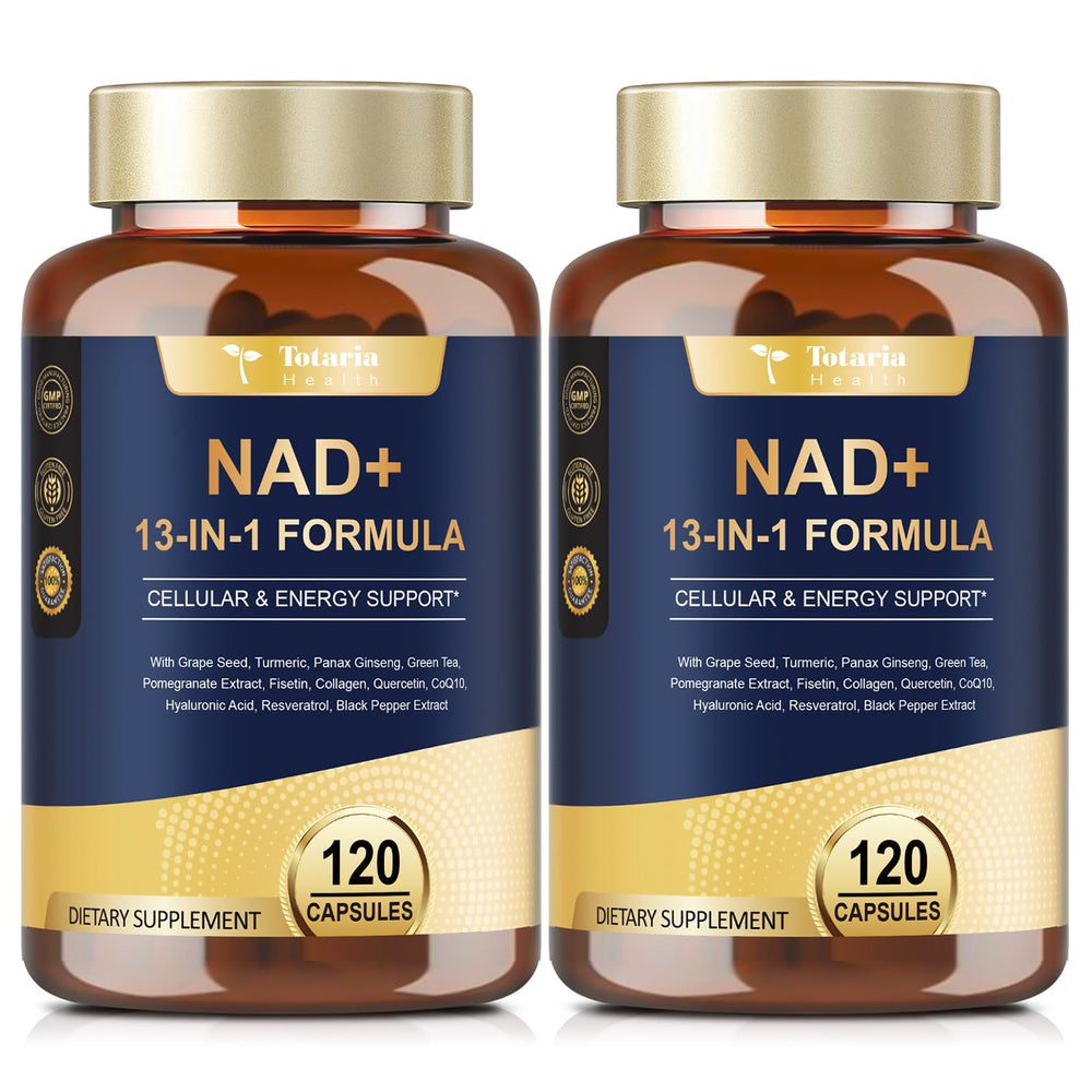 Totaria NAD bottle with 120 capsules, premium wellness supplement presentation