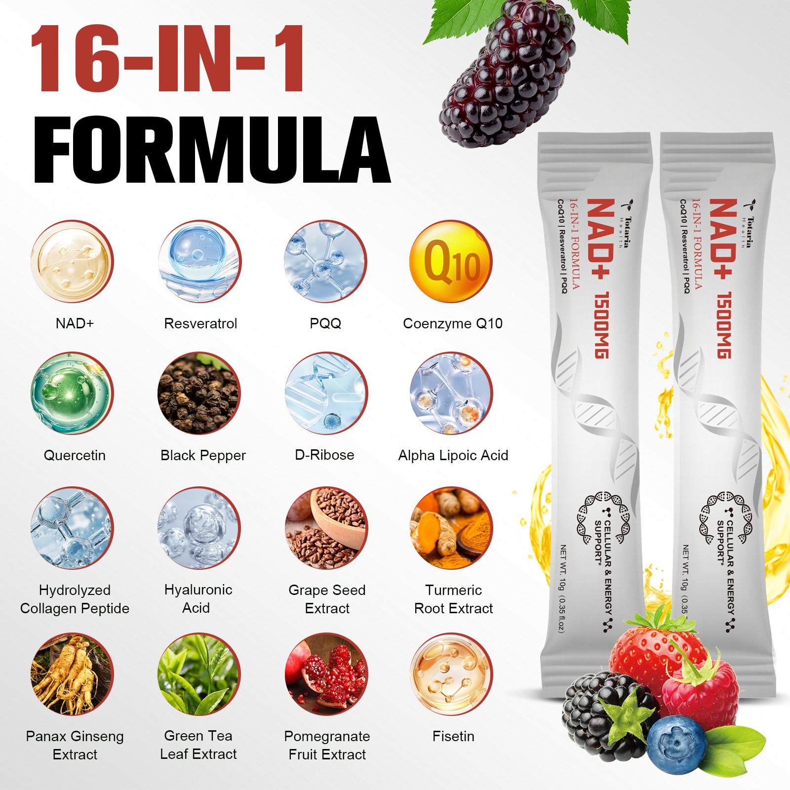 Totaria NAD ready-to-use sachet pack opened for on-the-go replenishment.