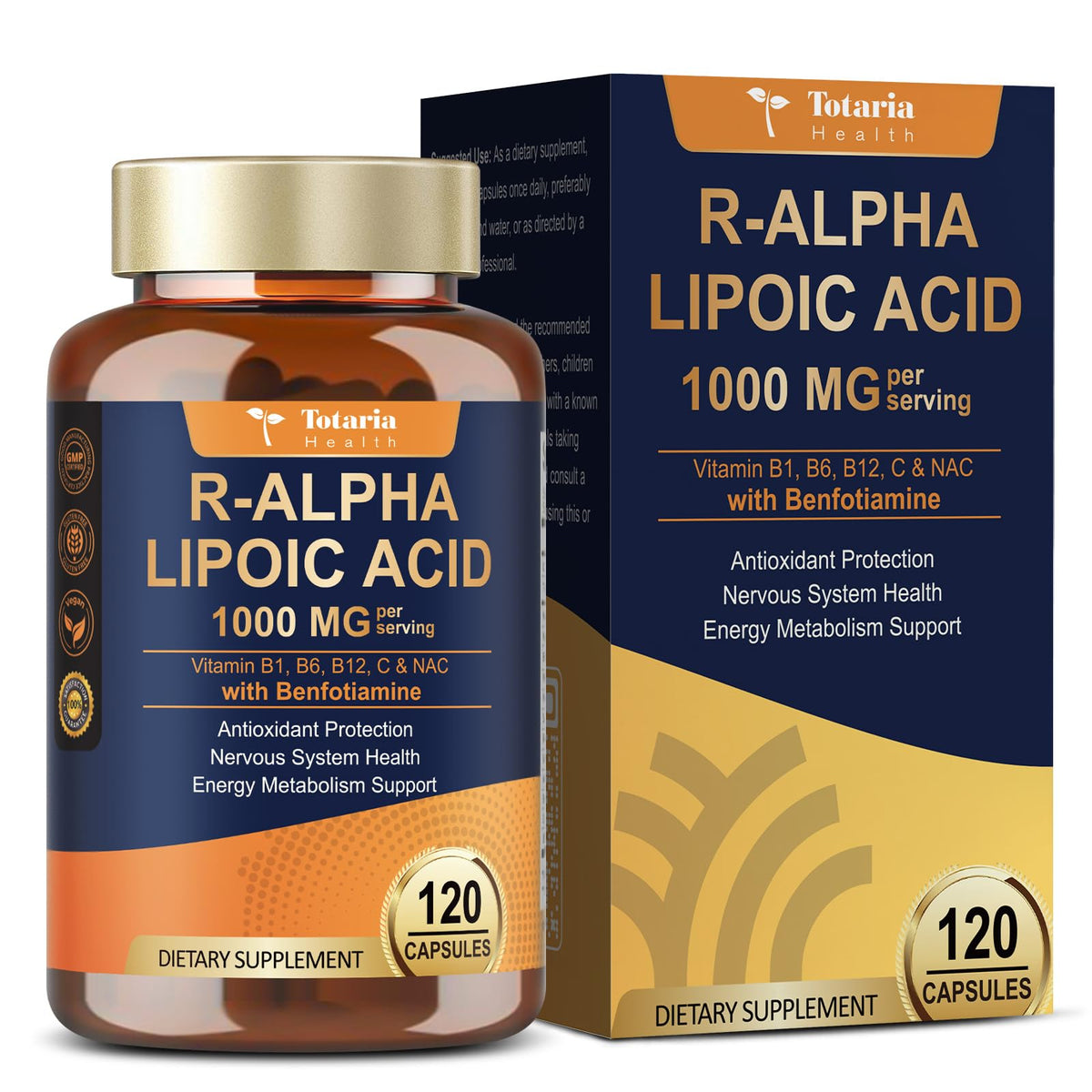 Totaria R-ALA 1000mg bottle label showing natural antioxidant formula