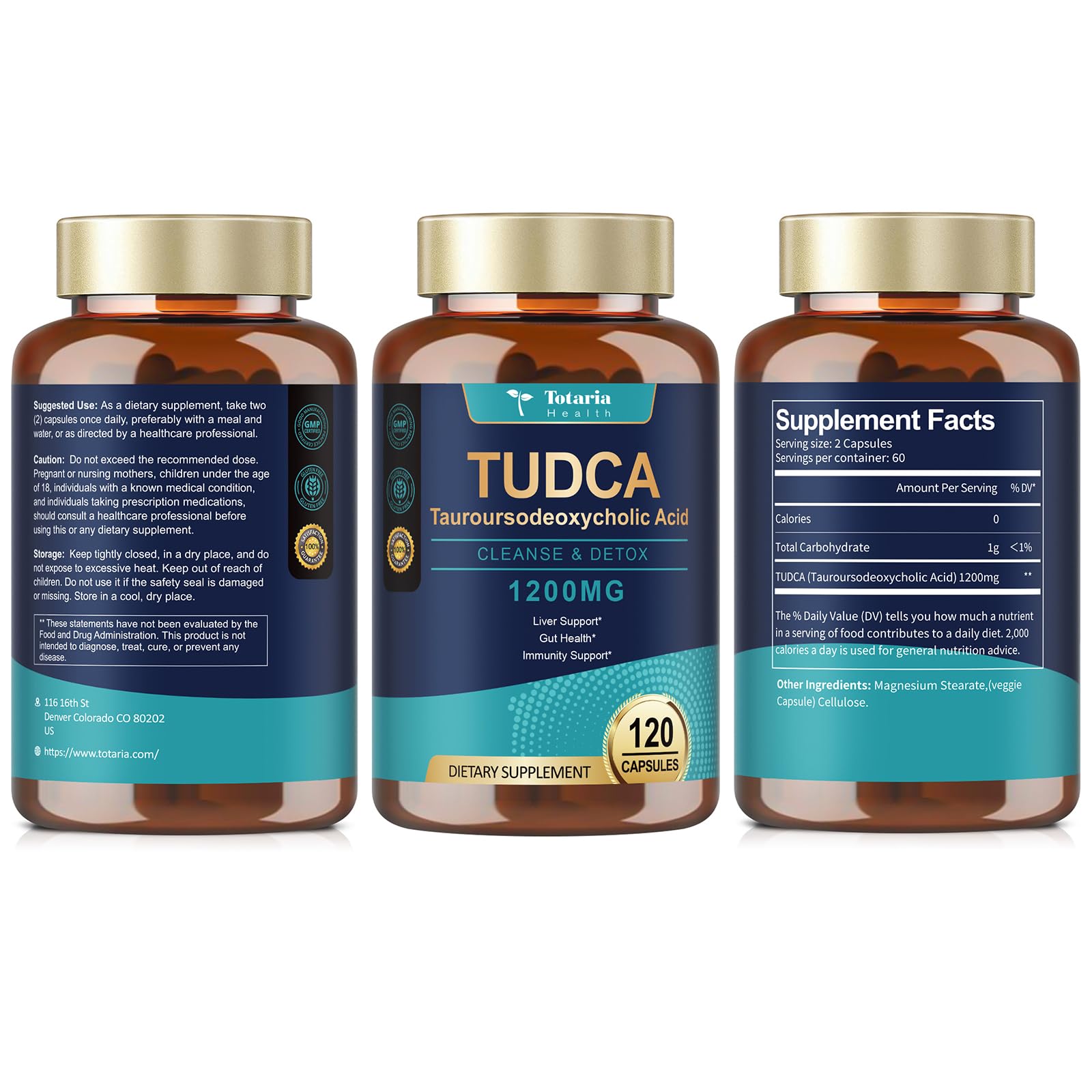 Totaria TUDCA capsules inside the bottle illustrating convenient daily dosing for liver health.