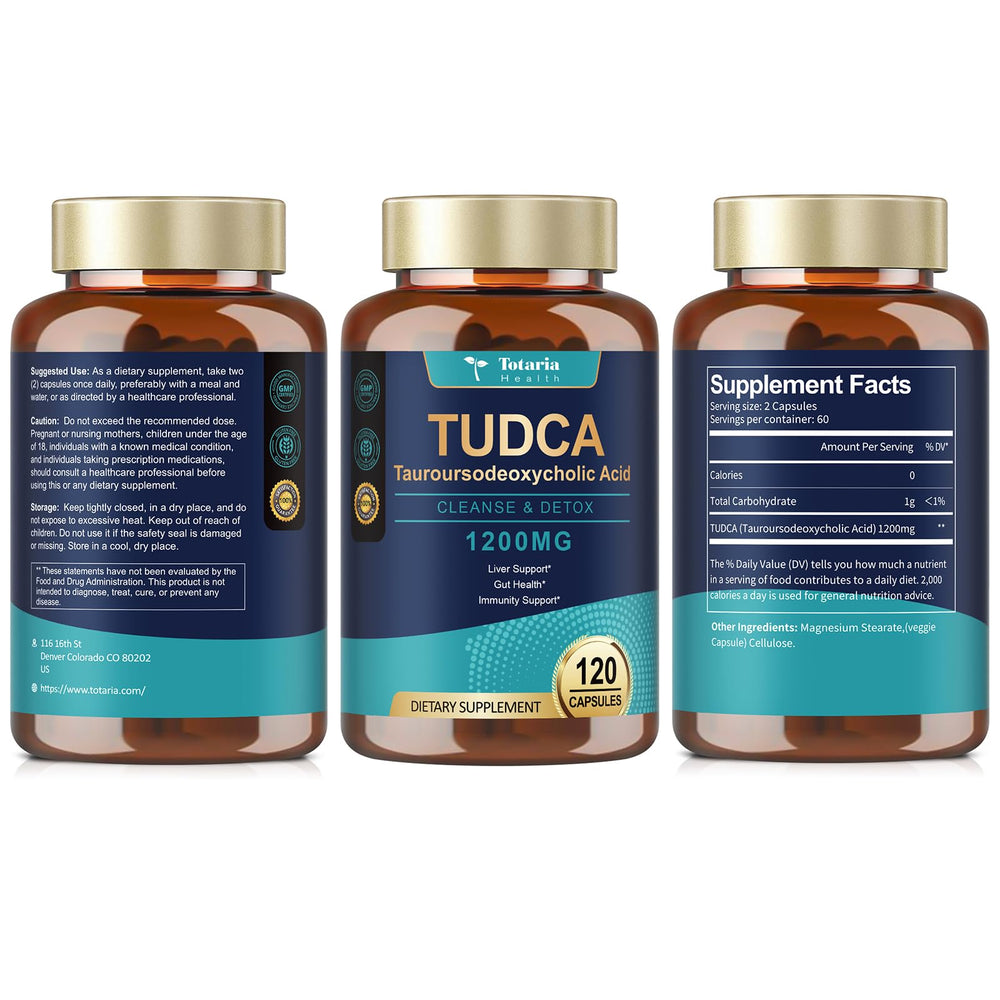 Totaria TUDCA capsules inside the bottle illustrating convenient daily dosing for liver health.