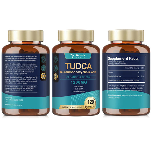 Totaria TUDCA capsules inside the bottle illustrating convenient daily dosing for liver health.