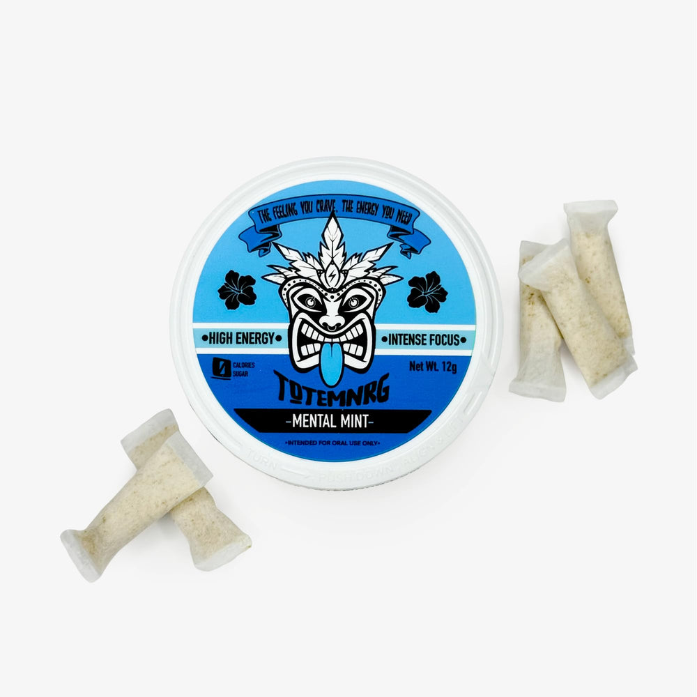 TotemNRG pouch closeup ingredients label mint highlighting caffeine and adaptogens for balance.