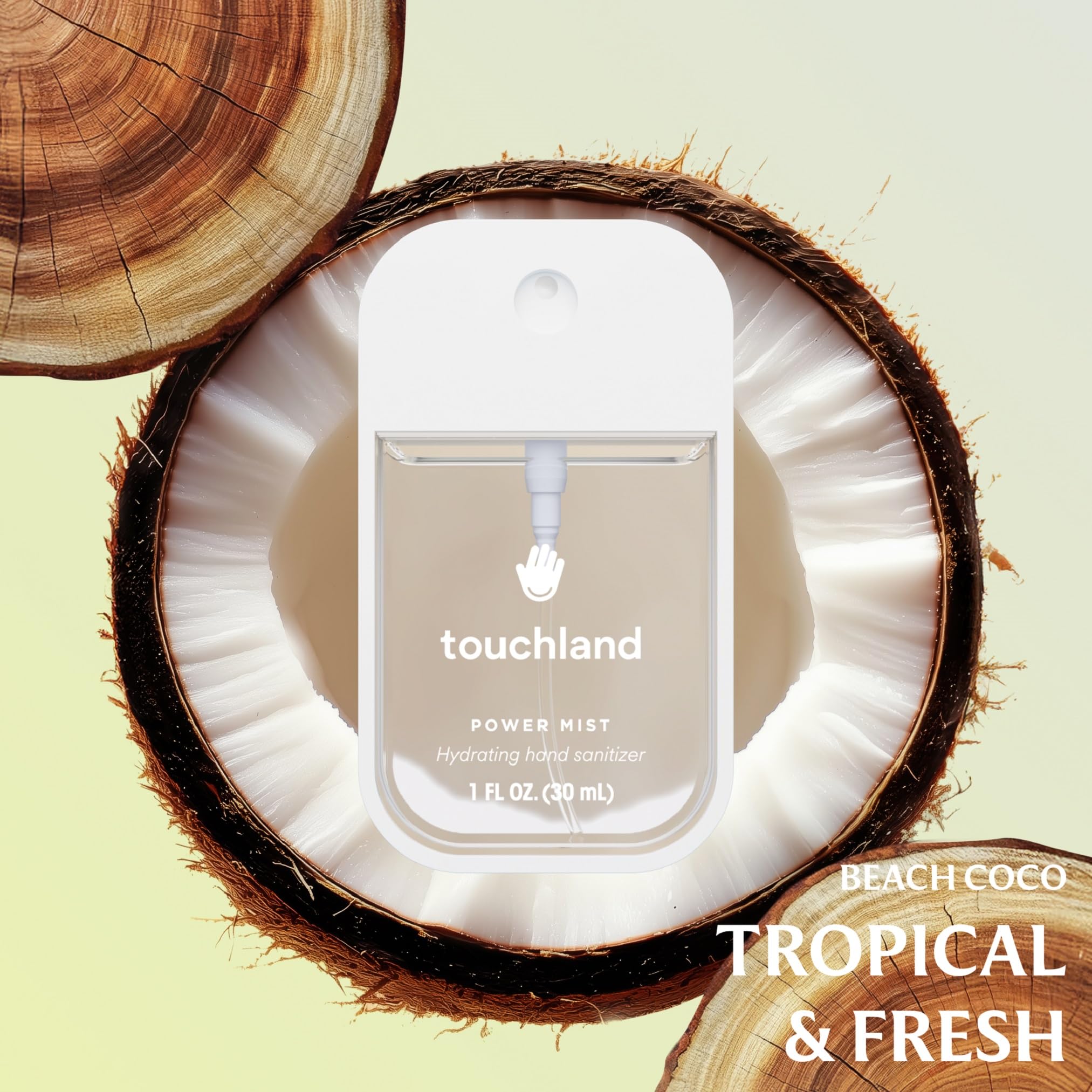 Touchland Beach Coco sanitizer spray close-up with a light tropical scent.