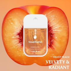 Touchland Hydrating sanitizer spray close-up demonstrates quick mist application.