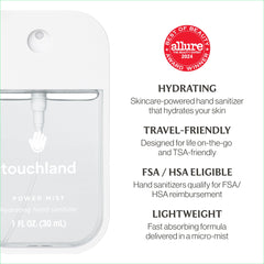 Touchland bottle close-up highlighting compact travel size for bags and pockets.