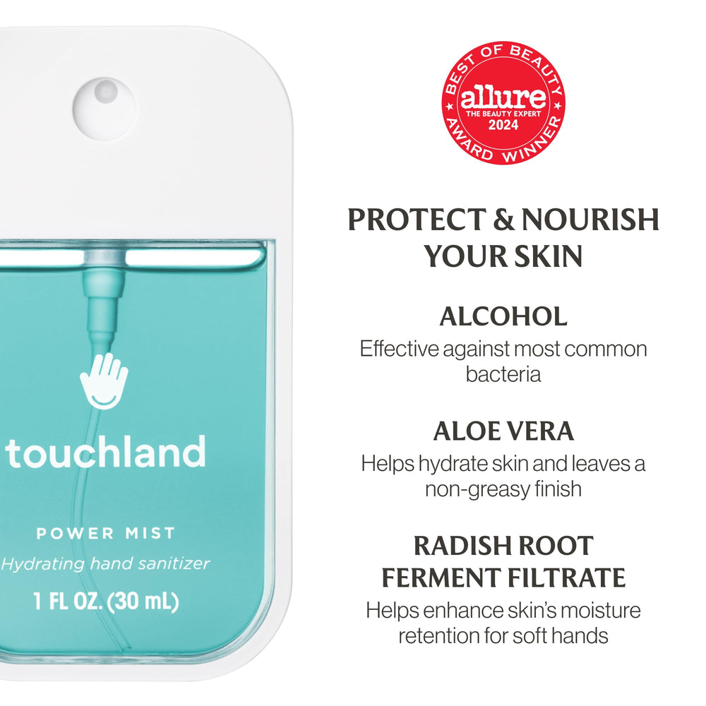 Touchland hand sanitizer spray in action shows easy one‑handed use.