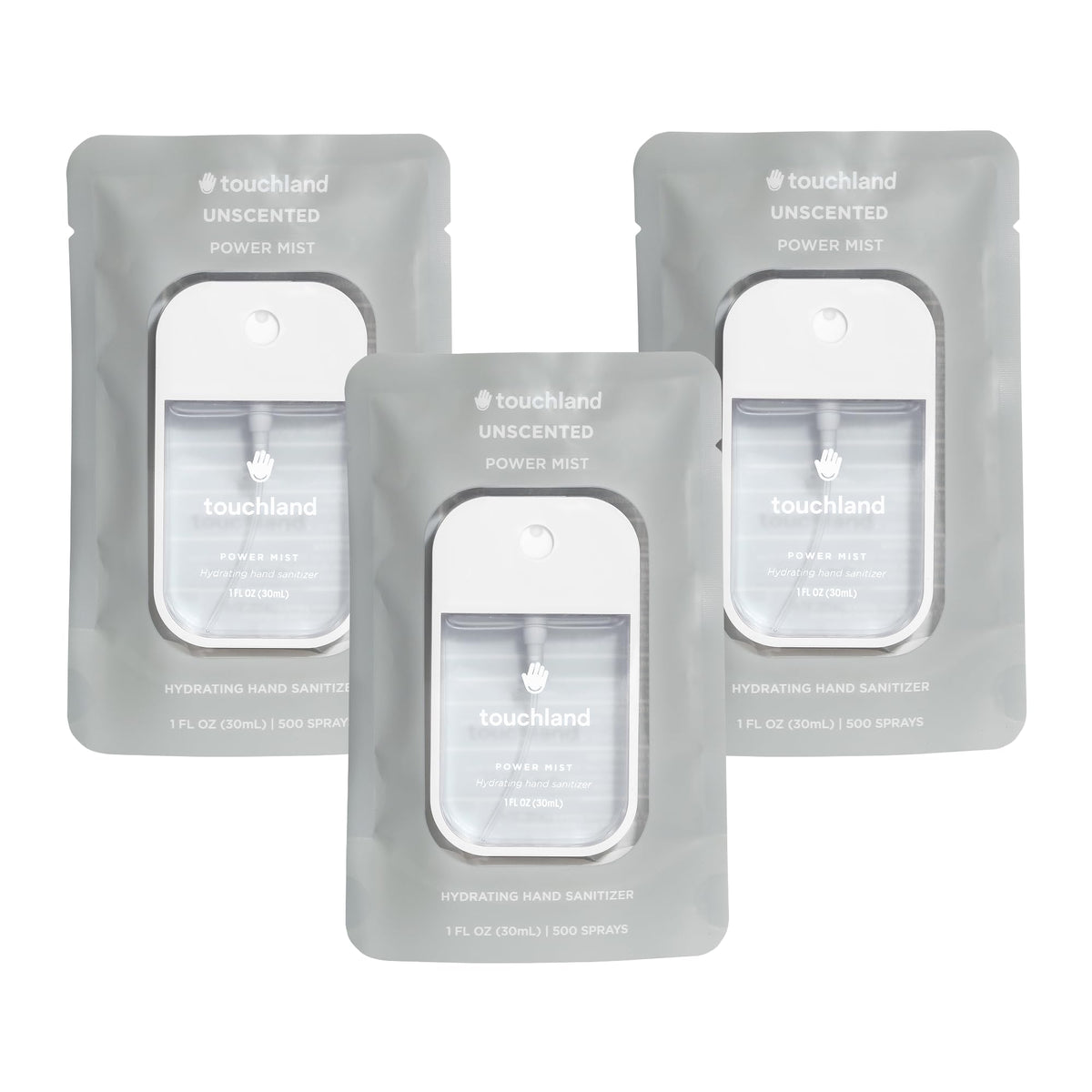 Touchland Hydrating Hand Sanitizer Spray trio set – fragrance-free, travel-ready protection.