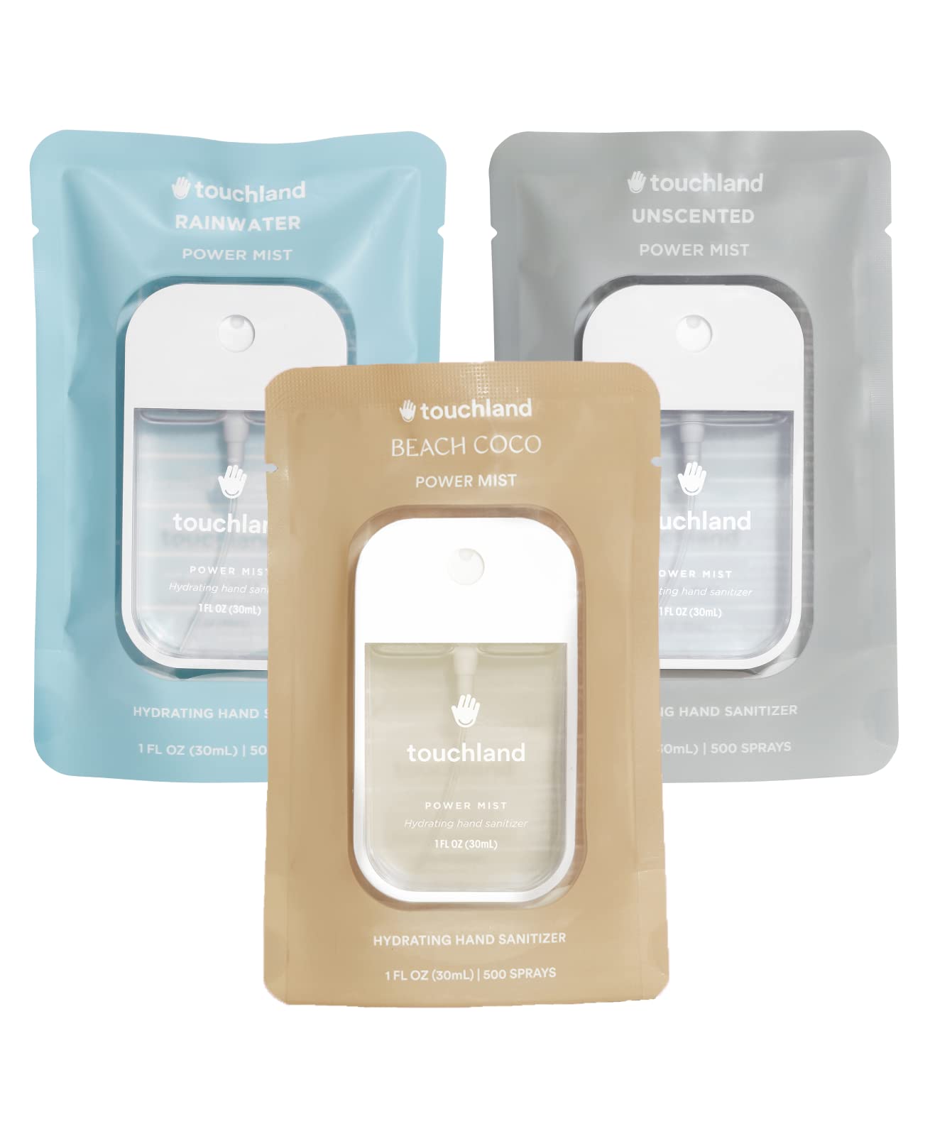 Touchland Rainwater sanitizer spray close-up for quick, hydrating protection on the go.