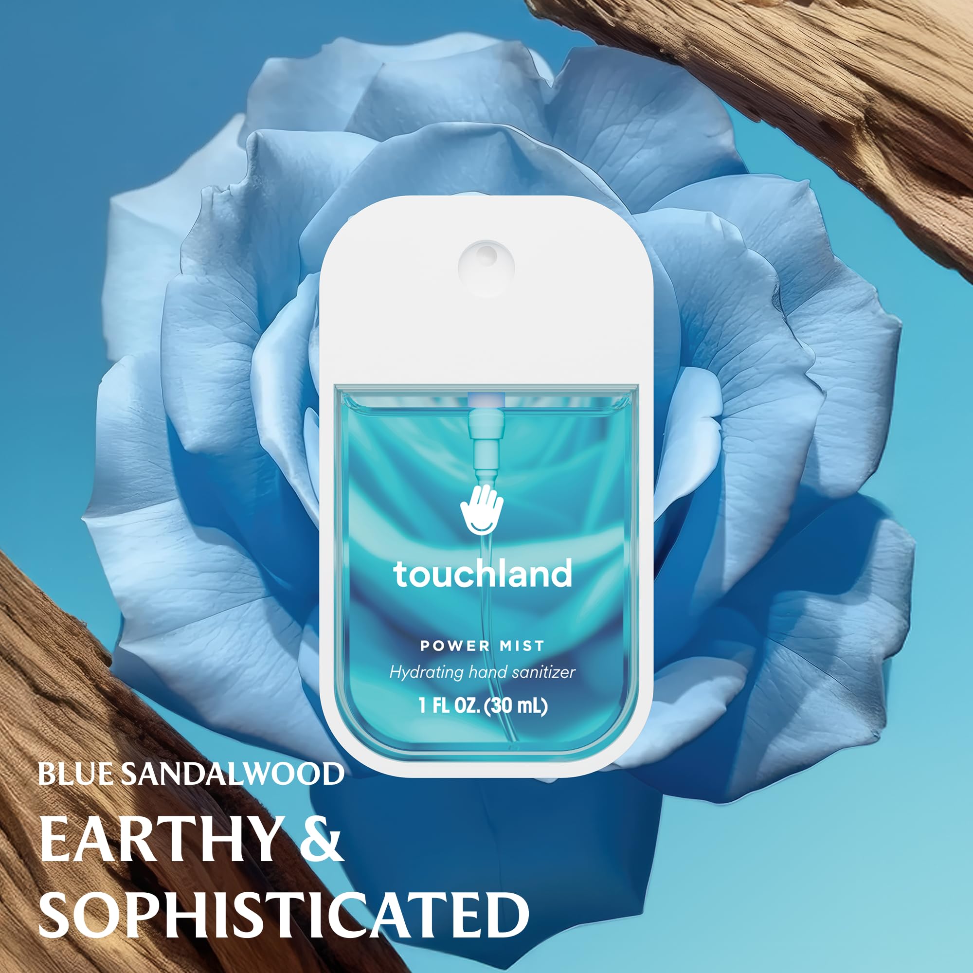 Touchland Blue Sandalwood bottle close-up with calm fragrance and hydration.