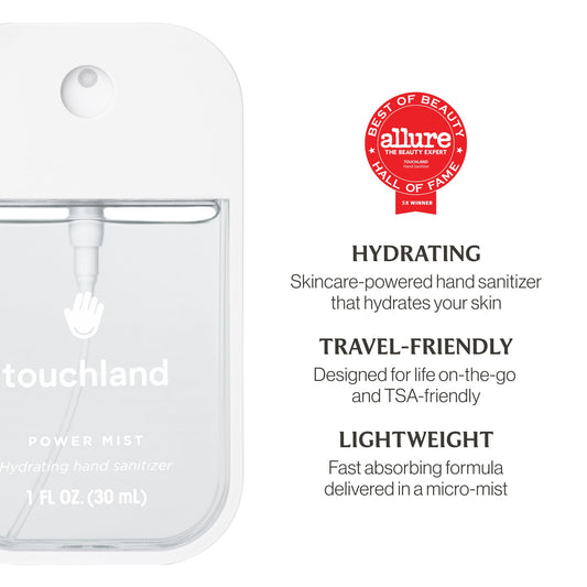 Touchland Travel-size sanitizer spray, 1oz, on-the-go hydration for clean hands.