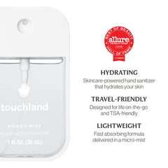Touchland Travel-size sanitizer spray, 1oz, on-the-go hydration for clean hands.