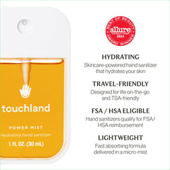 Touchland travel-size power mist nozzle shown for convenient application on the go.