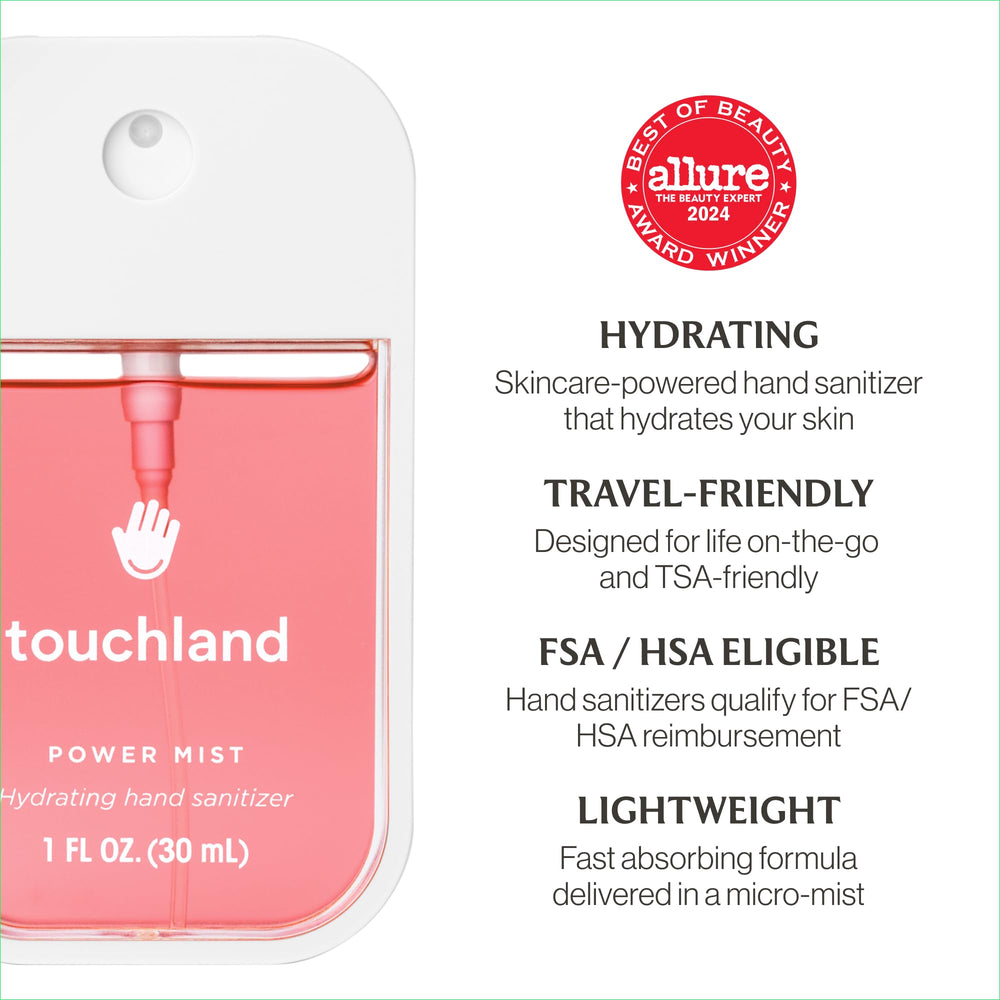 Touchland Wild Watermelon Power Mist sanitizer spray enables quick-drying hand care.