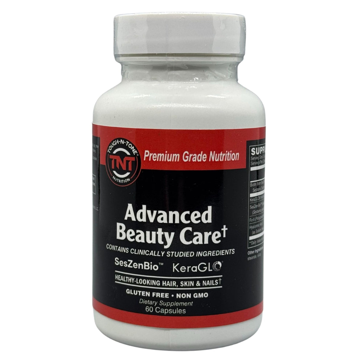 TOUGH-N-TONE Advanced Beauty Care bottle close-up for daily vegan routine.