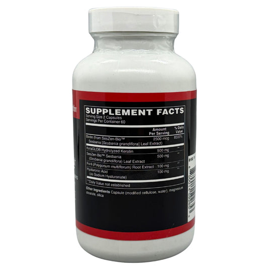 TOUGH-N-TONE Advanced Beauty Care capsule closeup highlights vegan biotin and keratin benefits.