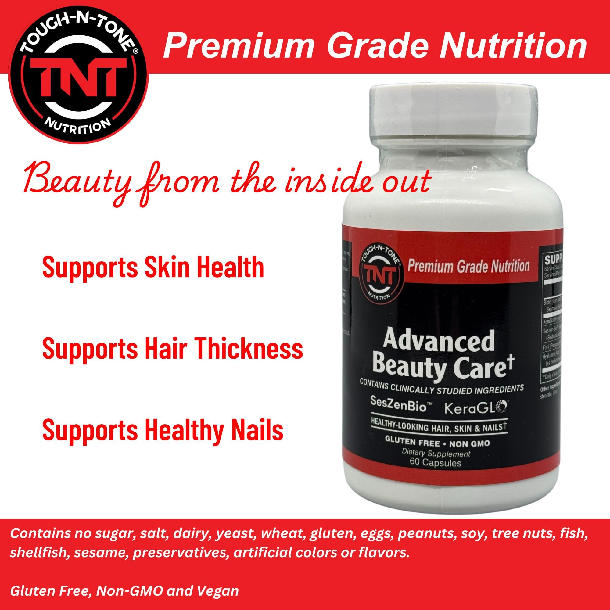 TOUGH-N-TONE Advanced Beauty Care label-detail notes non-GMO and gluten-free ingredients.