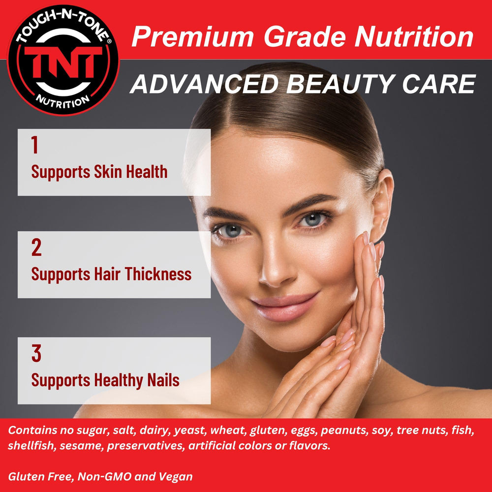 TOUGH-N-TONE Advanced Beauty Care usage imagery conveys easy daily capsule routine.