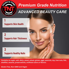 TOUGH-N-TONE Advanced Beauty Care usage imagery conveys easy daily capsule routine.