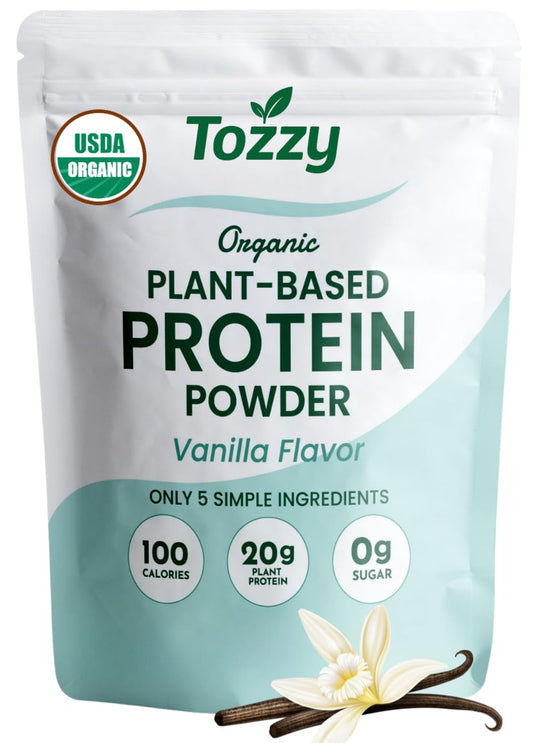 TOZZY Organic Vegan Protein Powder Vanilla tub shows clean label and simple ingredients for everyday shakes.