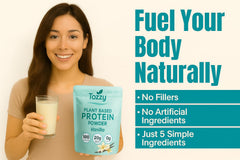 TOZZY protein powder vanilla pour bottle demonstrates quick mixability for easy recipes.