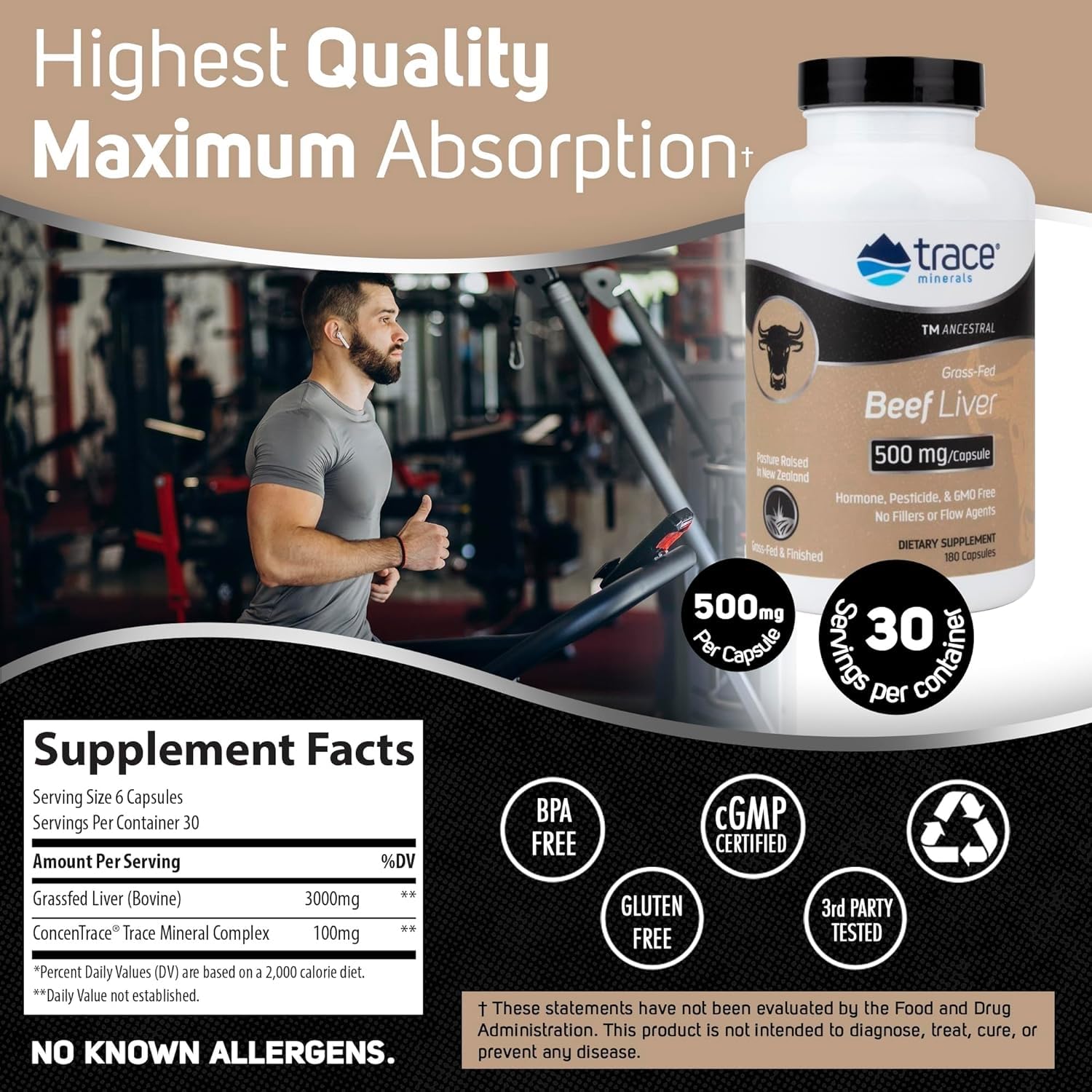 Trace Minerals Beef Liver bottle front, gluten-free supplement.