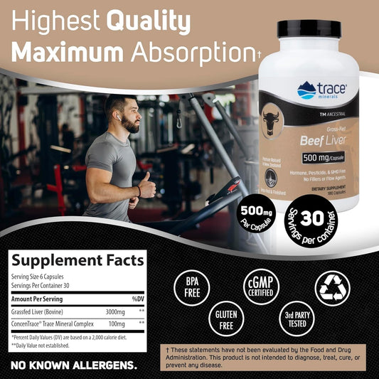 Trace Minerals Beef Liver bottle front, gluten-free supplement.