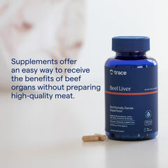 Trace Minerals Beef Liver bottle on kitchen counter for daily use.