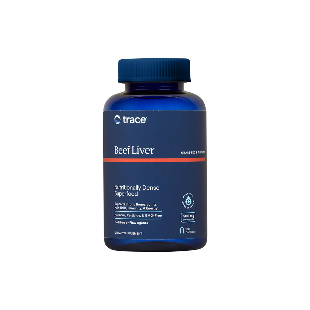 Trace Minerals Beef Liver capsules close-up for natural energy support.