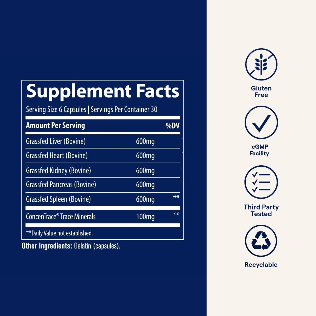 Trace Minerals Beef Organs capsules close-up for convenient daily dosage.