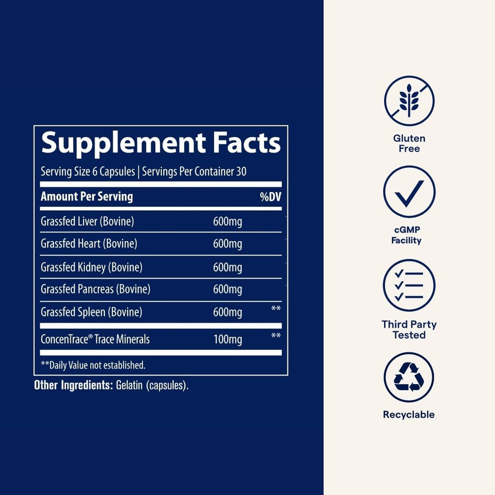Trace Minerals Beef Organs capsules close-up for convenient daily dosage.