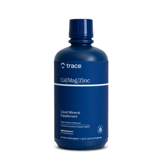 Trace Minerals Cal/Mag/Zinc bottle featuring pina colada flavor for daily mineral balance.