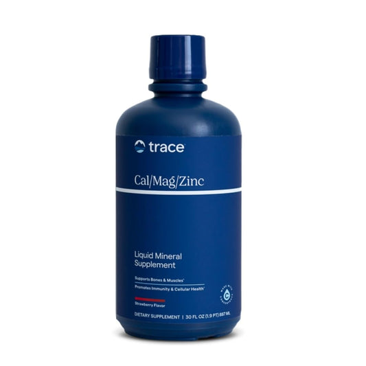 Trace Minerals Cal/Mag/Zinc bottle showing the liquid mineral blend for bone and muscle health.