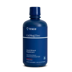 Trace Minerals Cal/Mag/Zinc bottle showing the liquid mineral blend for bone and muscle health.