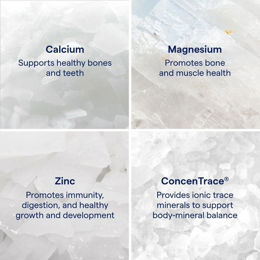 Trace Minerals Cal/Mag/Zinc bottle pour illustrating easy daily dosing.