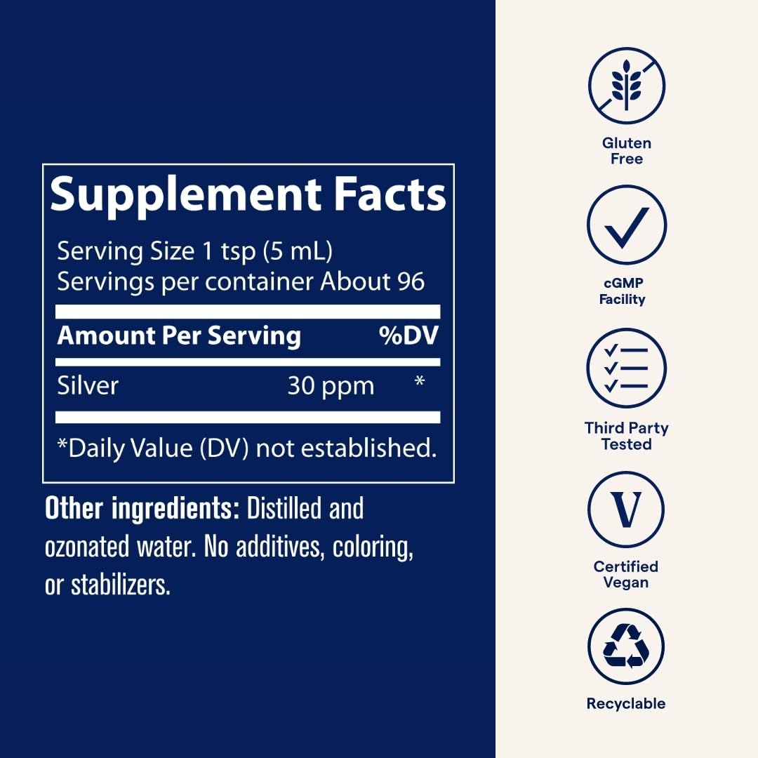 Trace Minerals Colloidal Silver vegan gluten-free symbol on label appeals to dietary needs.