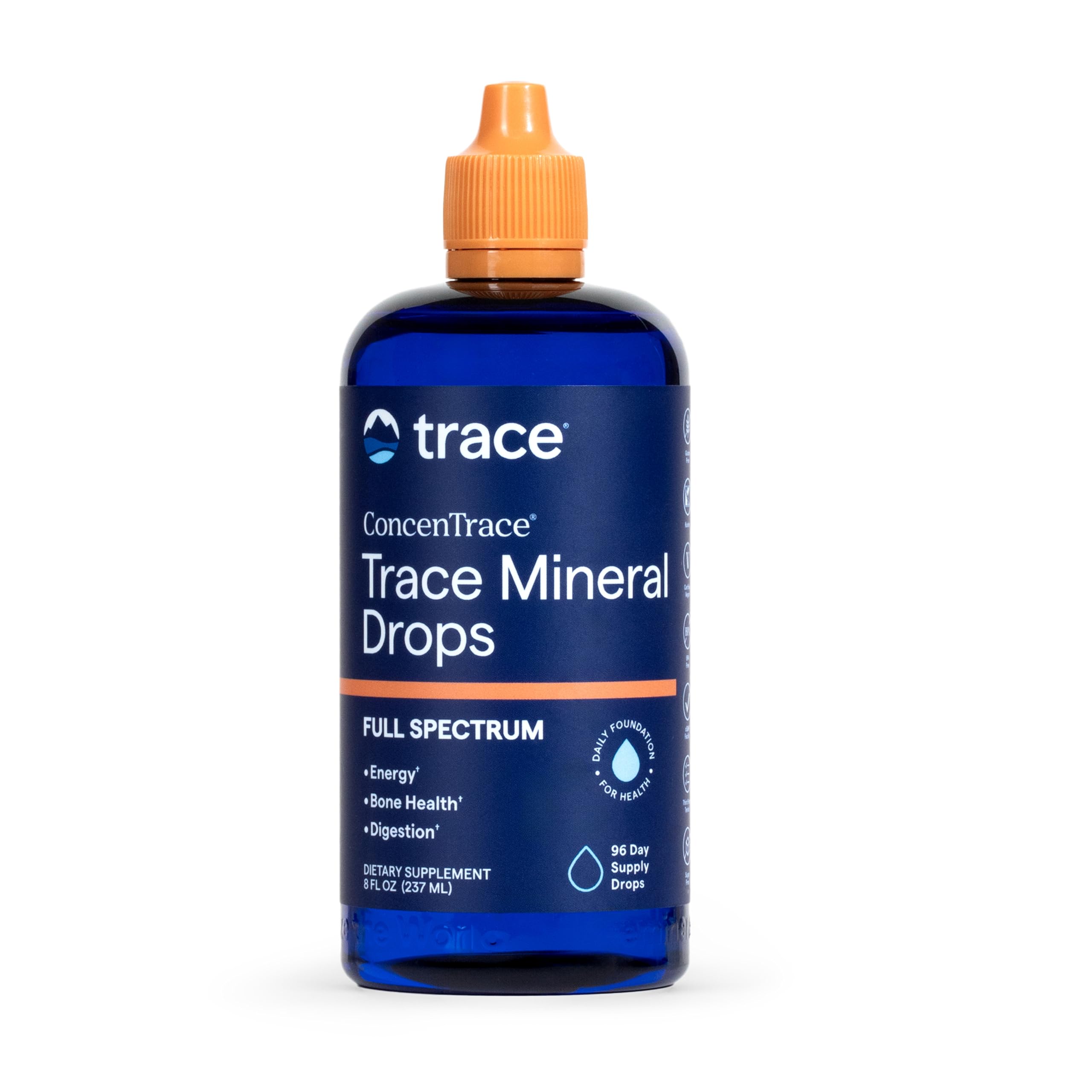 Trace Minerals ConcenTrace drops bottle close-up highlighting the mineral-rich formula for hydration