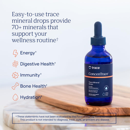Trace Minerals ConcenTrace drops closeup showing mineral-rich liquid for daily remineralization.