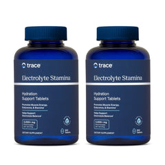 Trace Minerals Electrolyte Stamina bottle with label visible, vegan and gluten-free hydration support.