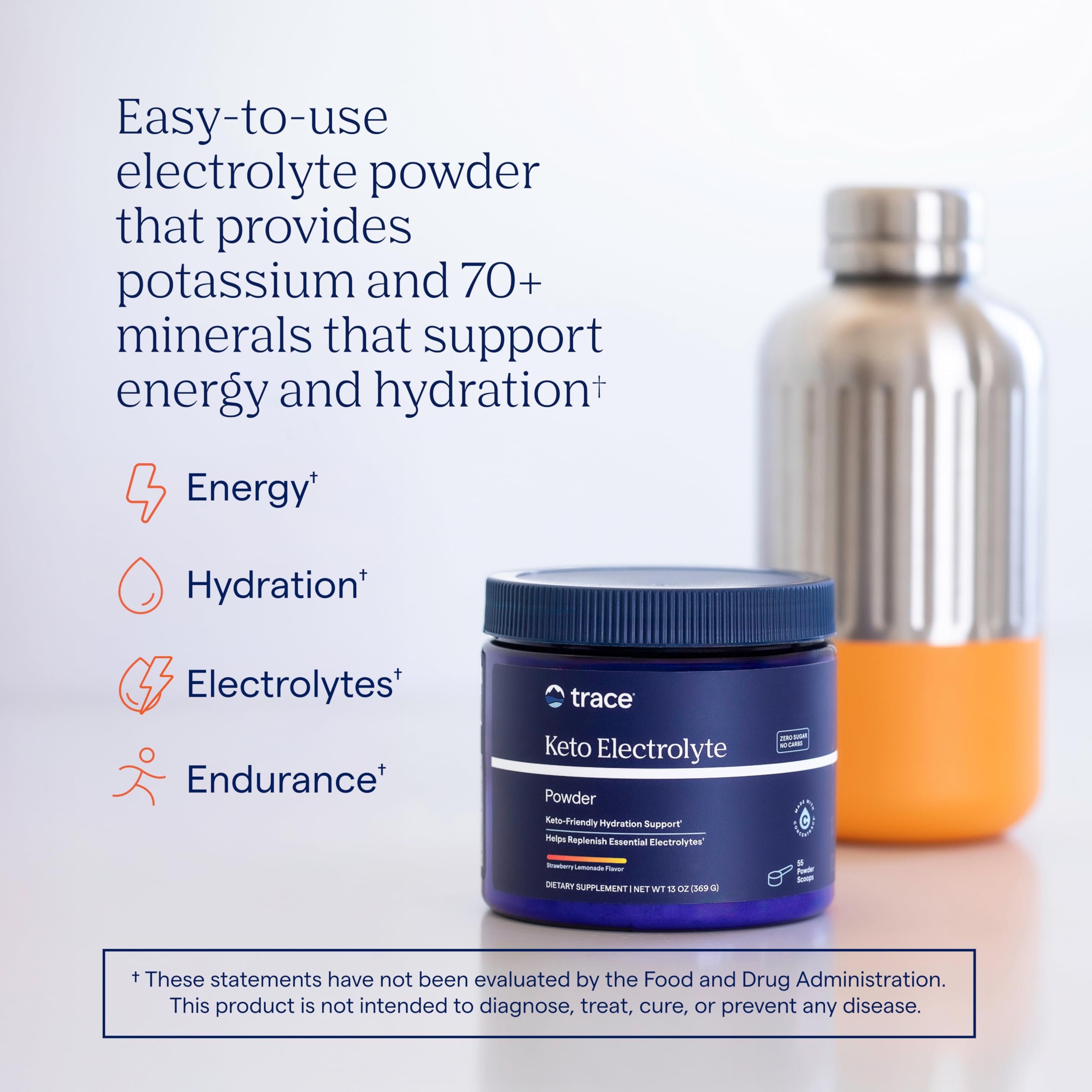 Trace Minerals Keto Electrolyte Powder bottle and scoop ready for daily use