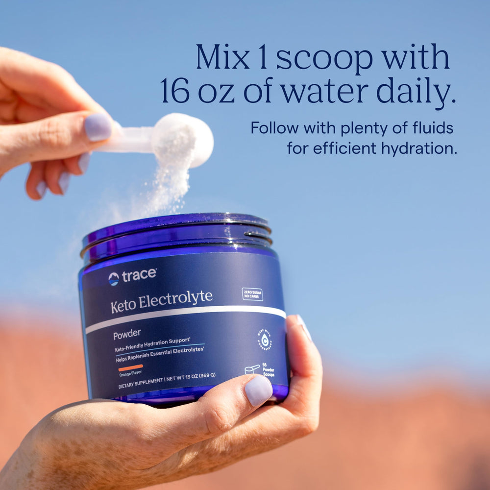 Trace Minerals Keto Electrolyte Powder glass with liquid demonstrating quick mix and flavor.